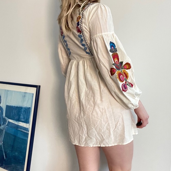 Zara White Embroidered Peasant Dress Mini Baby-Doll xs - Picture 2 of 4